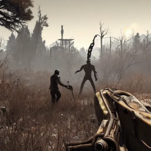 Prompt: Fallout 4 gameplay screenshot, wasteland, Slender Man in the background