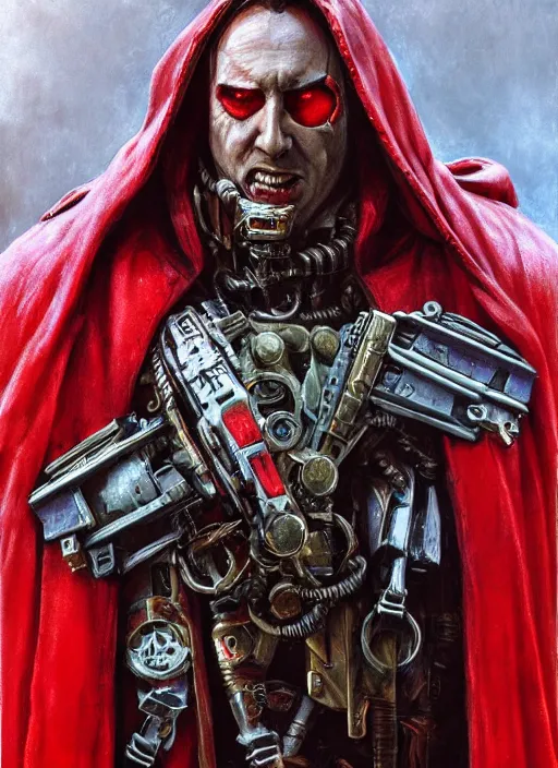 Image similar to portrait of rotten Nicolas Cage as adeptus mechanicus in red hood and robe from Warhammer 40000. Highly detailed, artstation, illustration by and John Blanche and zdislav beksinski and wayne barlowe