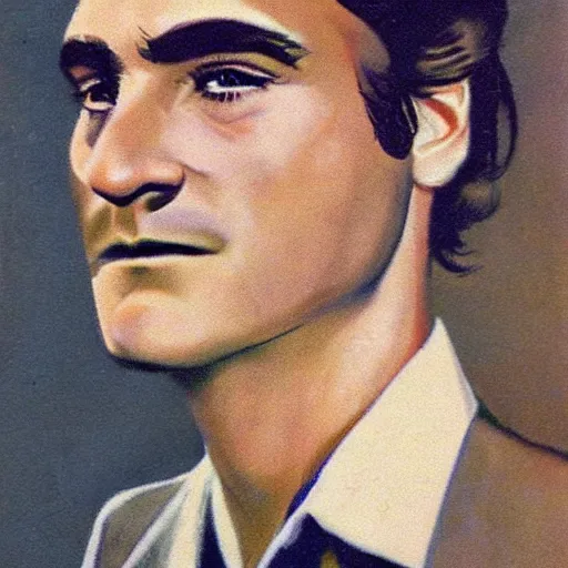 Image similar to “Joaquin Phoenix portrait, color vintage magazine illustration 1950”