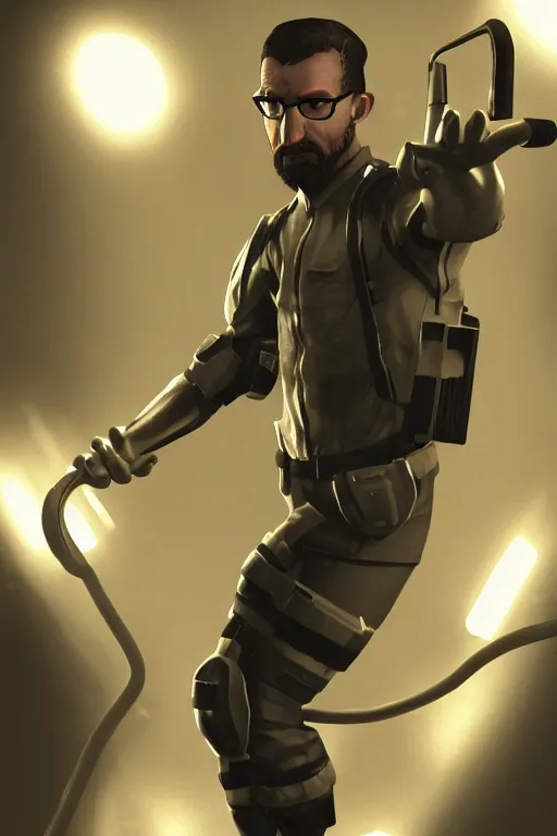 Image similar to gordon freeman from half life doing a pin up pose, dark room, cinematic, volumetric lighting, hyperdetailed photograph