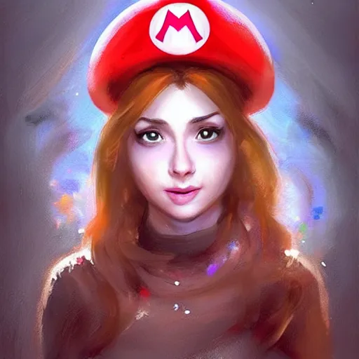 Prompt: super mario as an attractive young smiling woman wearing a mushroom crown, face portrait, hd shot, digital portrait, beautiful, fantasy art, artstation, comic style, by artgerm, guy denning, jakub rozalski, magali villeneuve and charlie bowater