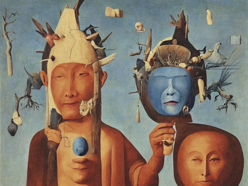 Image similar to Portrait of albino mystic with blue eyes, with wooden old shamanic totemic Tibetan archaic mask, simple, giant, sculpture. Painting by Bosch, Audubon, Rene Magritte, Agnes Pelton, Max Ernst, Walton Ford