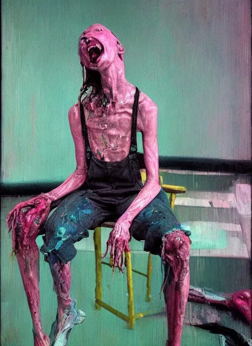 Image similar to an insane, skinny, artist wearing torn overalls, expressive emotions, inside a grand messy studio, depth of field, hauntingly surreal, highly detailed oil painting, by francis bacon, edward hopper, adrian ghenie, glenn brown, soft light 4 k in pink, green and blue colour palette, cinematic composition, high quality octane render, masterpiece