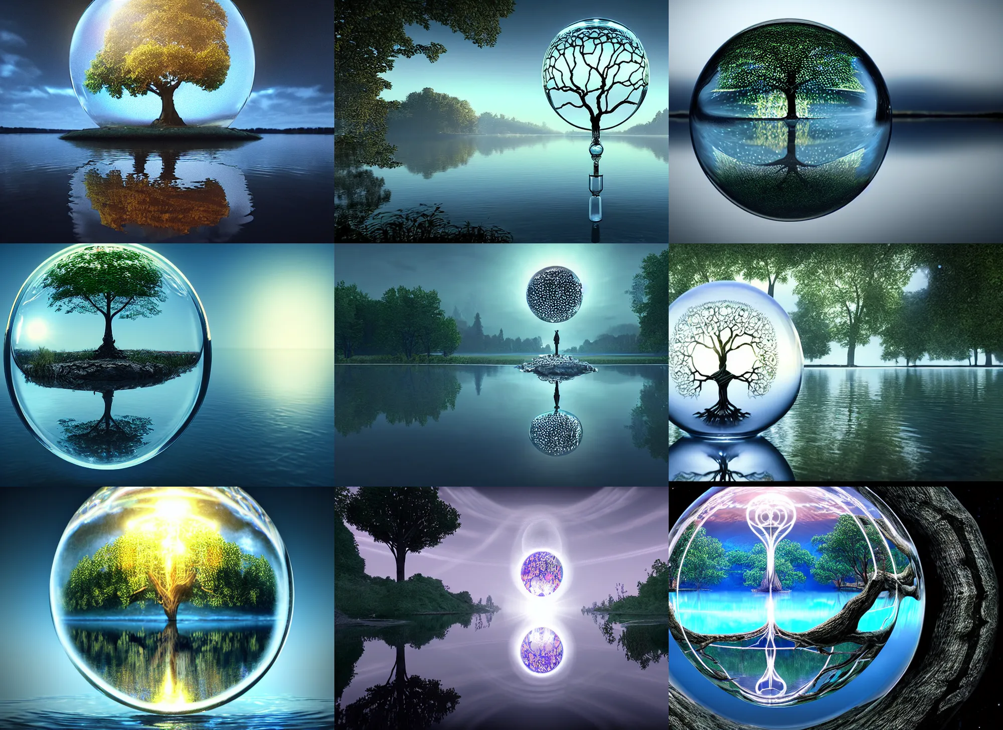 Image similar to glowing transparent crystal ball on a beautiful lake, radiant light, tree of life inside the ball, intricate details, reflections on the water, ripples, moody sky, hyperdetailed illustration by mark brooks, by yuumei, unreal engine 5, low light