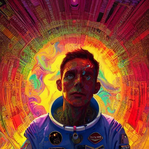 Image similar to An extremely psychedelic experience, colorful, surreal, dramatic lighting, cosmonaut, LSD, face, detailed, intricate, elegant, highly detailed, digital painting, artstation, concept art, smooth, sharp focus, illustration, art by Sam Spratt, Dan Mumford, Artem Demura and Alphonse Mucha