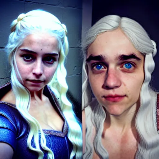 Image similar to a selfie of daenerys targaryen and a cosplay of daenerys targaryen, medium shot, detailed eyes,