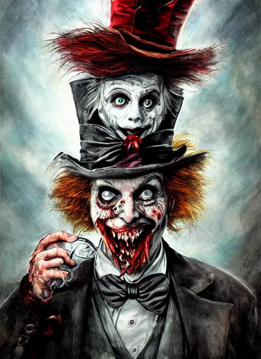 Image similar to portrait, Zombified mad hatter eating the white rabbit, watercolor, dramatic lighting, cinematic, establishing shot, extremly high detail, foto realistic, cinematic lighting, pen and ink, intricate line drawings, by Yoshitaka Amano, Ruan Jia, Kentaro Miura, Artgerm, post processed, concept art, artstation, matte painting, style by eddie mendoza, raphael lacoste, alex ross