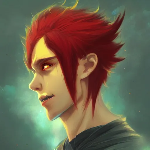 Image similar to headshot portrait of male anime character extremely sharp jaws slit yellow eyes medium length red hair inspired by tom hiddleston by anato finnstark, tom bagshaw, brom