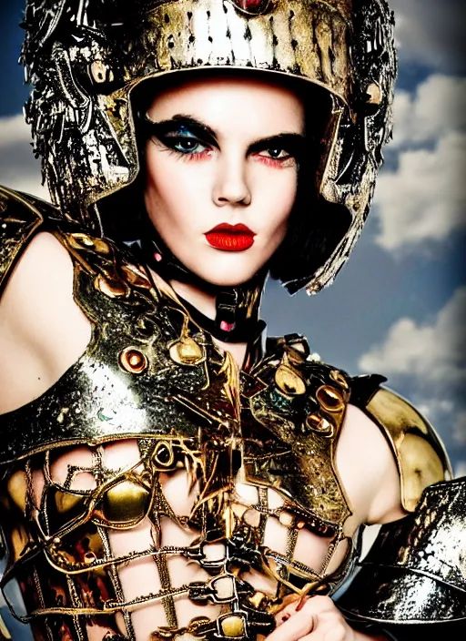 Prompt: close - up portrait of beautiful young woman dressed gladiator with metallic armor, art by ellen von unwerth