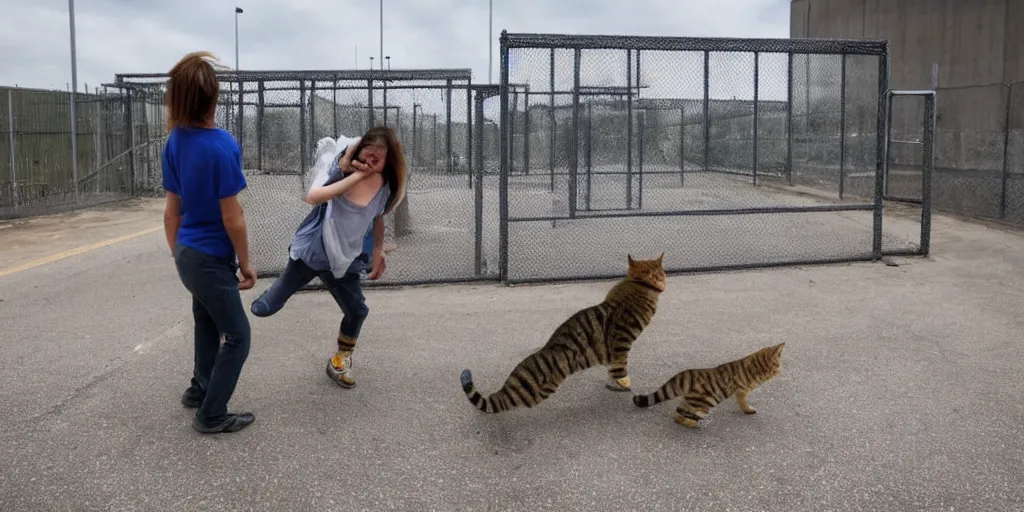 Image similar to threw the girl and the cat out of the car near the prison cage