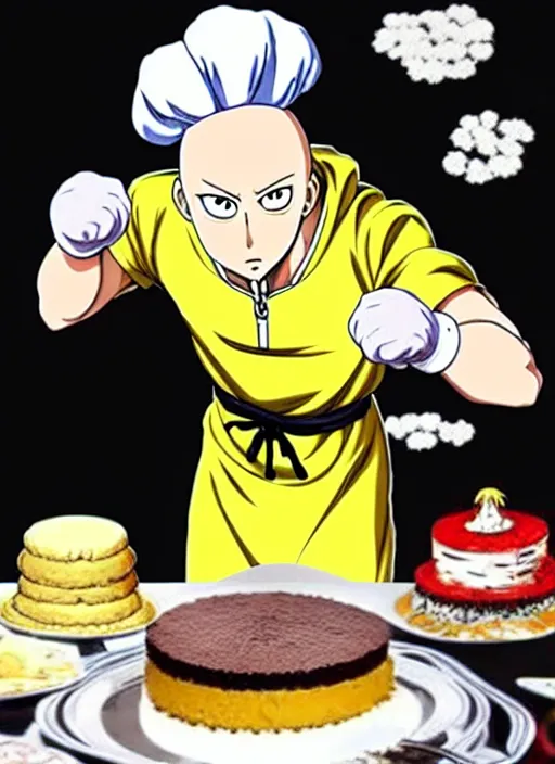 Image similar to chef saitama one punch man, dressed as a pastry chef, fiercely focused at making a cake, beautiful anime artwork