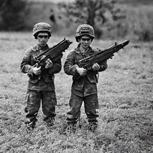 Prompt: photo of tiny soldiers during a war, 35mm