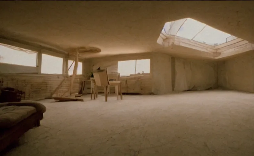 Prompt: screenshot photo low angle interior of a house built on nothing and something for the nothing underneath, scene from being john malcovich film directed by charlie kaufman ( 2 0 0 1 ), moody cinematography, 2 4 mm anamorphic lens, 3 5 mm film