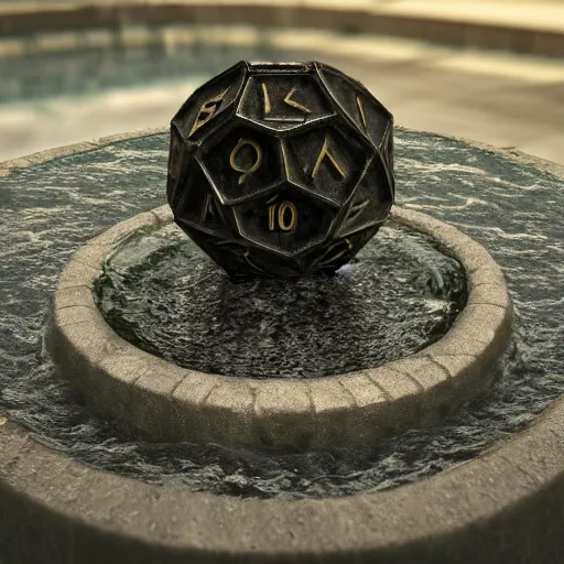 Prompt: a twenty sided die popping out of an ancient water fountain, simple shape, concept art, clean, ultra realistic, art, perfect straight lines, extremely detailed, unreal engine render