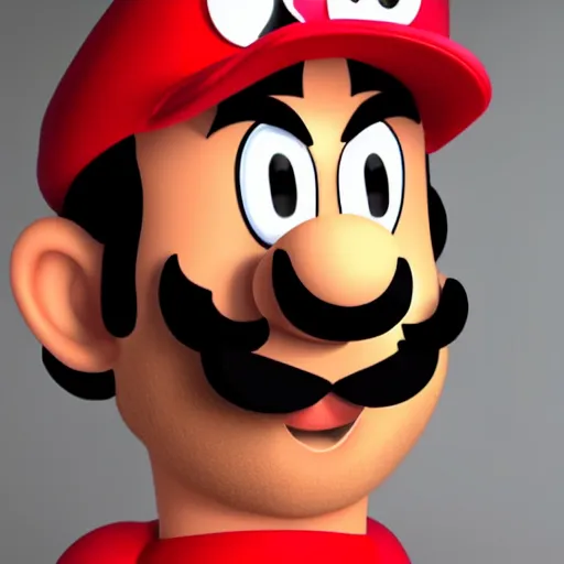 Image similar to photo of a dark haired man with long face, dark brown eyes and eyelashes, moustache, long nose, stubble wearing mario outfit