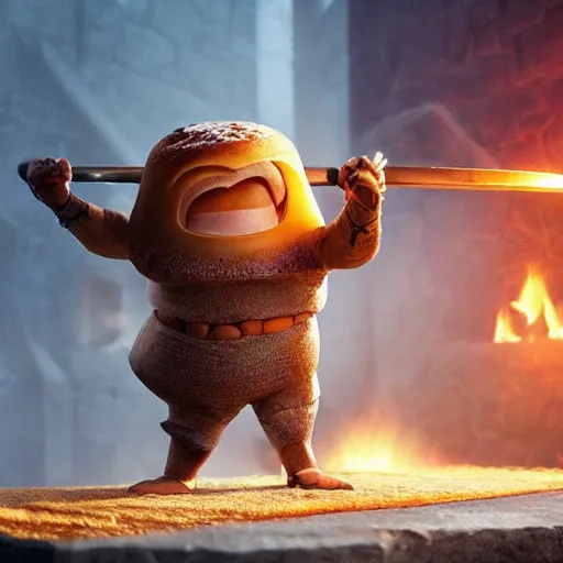 Prompt: medieval battle toast, a slice of toasted bread with a face, arms and legs, holding a sword, cute, pixar, volumetric lighting, dynamic composition, fantasy, hyper detailed, ultra realistic, sharp focus, octane render, concept art by ruan jia and heng z and artem