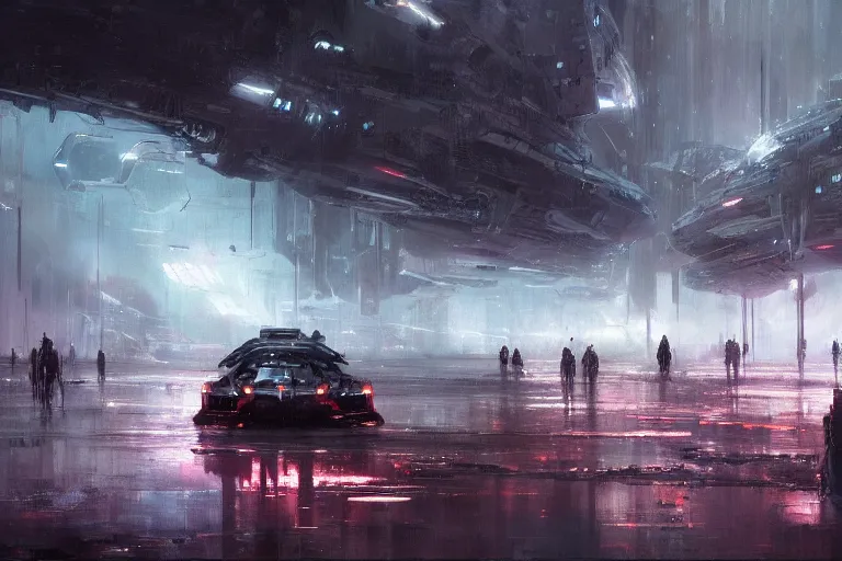 Prompt: scifi landscape dark crowded people vehicle spaceship overcast rainstorm by wadim kashin