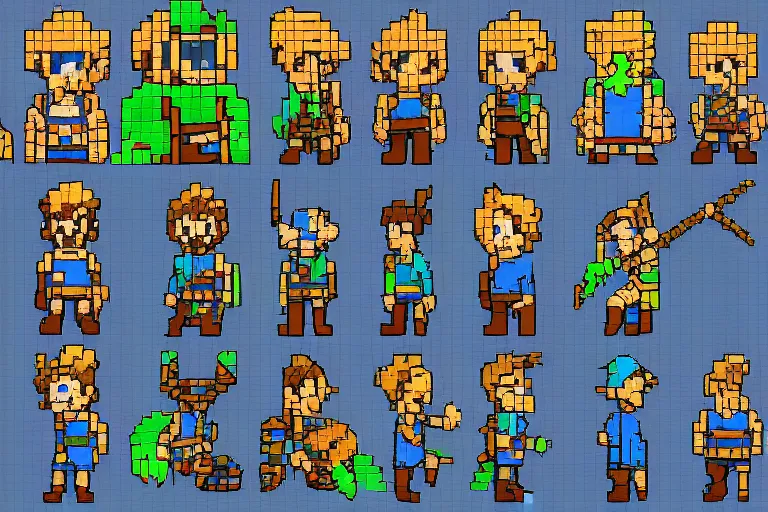 Prompt: pixel art link in the style of breath of the wild. sprite sheet, character design # pixelart