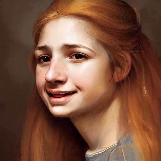 Image similar to a totally amazed smiling pretty spanish girl with blonde hair, long loose hair, precise linework, accurate brown eyes, small nose, beautiful smooth oval head, expressive emotions, hyper realistic ultrafine portrait by artemisia gentileschi, jessica rossier, greg rutkowski, artgerm
