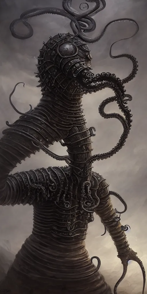 Image similar to a medieval knight slowly transforming into a tentacle monster, matte oil painting, concept art, dnd, clear, crisp, sharp, bones, armor, eldritch, award - winning, extremely detailed, 4 k, 8 k