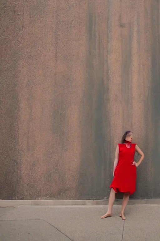 Prompt: woman in a red sleeveless dress, out of focus