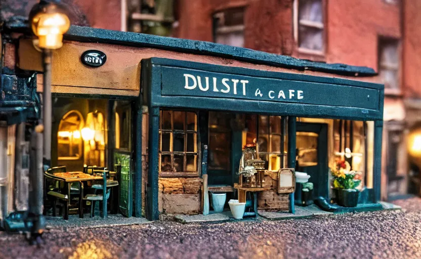 Image similar to miniature cafe dusk diorama macro photography, cafe for mice, alleyway, ambient, atmospheric, british, bokeh, romantic