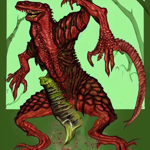 Prompt: big butcher anthro lizardfolk posing scarily, scary angry pose, covered in blood, fresh kill, cleaver, in a forest, earie setting, lovecraft, eldritch, horror, hyperdetailed