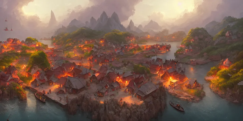 Image similar to Cozy small fantasy village on a cape, red roofs, fishing boats, view from above. In style of Greg Rutkowski, Jesper Ejsing, Makoto Shinkai, trending on ArtStation, fantasy, great composition, concept art, highly detailed, scenery, 8K, Behance.