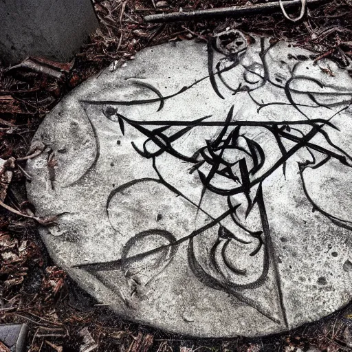 Prompt: leftovers of the ritual of a demonic invasion, satanic symbols in the ground, dark, realistic, highly detailed