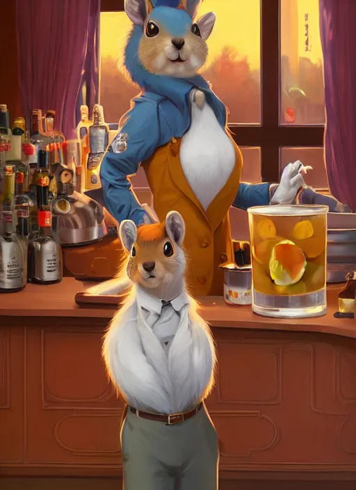 Image similar to squirrel anthro as a dapper bartender with a big, fluffy tail, retro futurism, art deco, detailed, painterly digital art by WLOP and Cory Loftis and Victor Nizovtsev, 🐿🍸🍋, furaffinity, trending on artstation