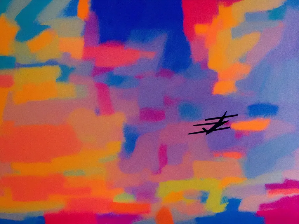 Prompt: a blurry image of a plane flying in the sky, an abstract painting by ronnie landfield, featured on unsplash, color field, matte background, smokey background, 3 8 4 0 x 2 1 6 0