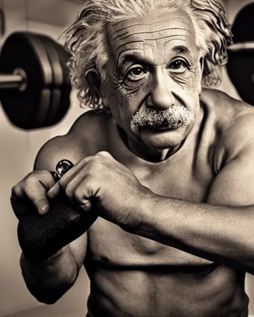 Image similar to a portrait of albert einstein working out at the gym looking buffed up, highly detailed, trending on artstation, bokeh, 9 0 mm, f / 1. 4