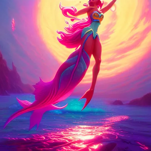 Image similar to sailormoon mermaid, bold colors, intricate, volumetric lighting, good composition, fine swirling lines, bold colors, global illumination, art by tyler edlin and rhads and gustave dore, artstation