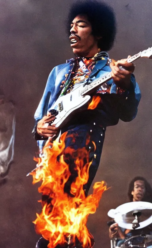 Image similar to jimi hendrix burning a stratocaster on the stage, cinematic composition and lighting