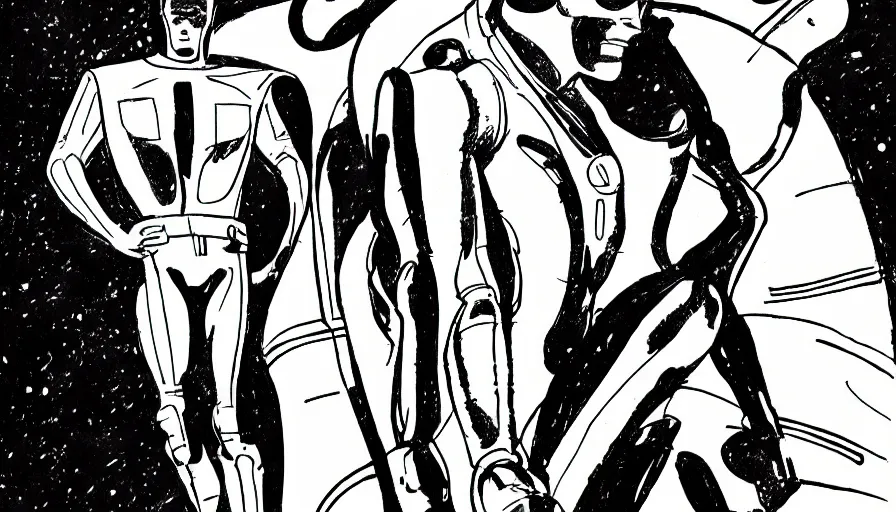 Image similar to male, elongated figure, space suit, science fiction, sketch, character sheet, very stylized, bruce timm, digital art, illustration, pen and ink, by mike mignola, by alex maleev