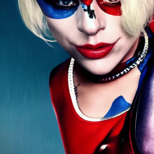 Image similar to awe inspiring photorealistic movie poster featuring Lady Gaga as Harley Quinn 4k hdr amazing lighting