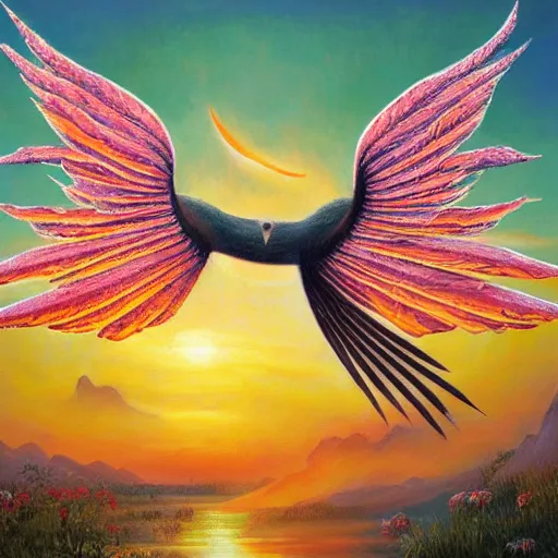 Image similar to Thich Naht Hanh with wings, flapping its wings flying in sunset sky, oil on canvas, portrait, intricate, 8k highly professionally detailed, HDR, CGsociety