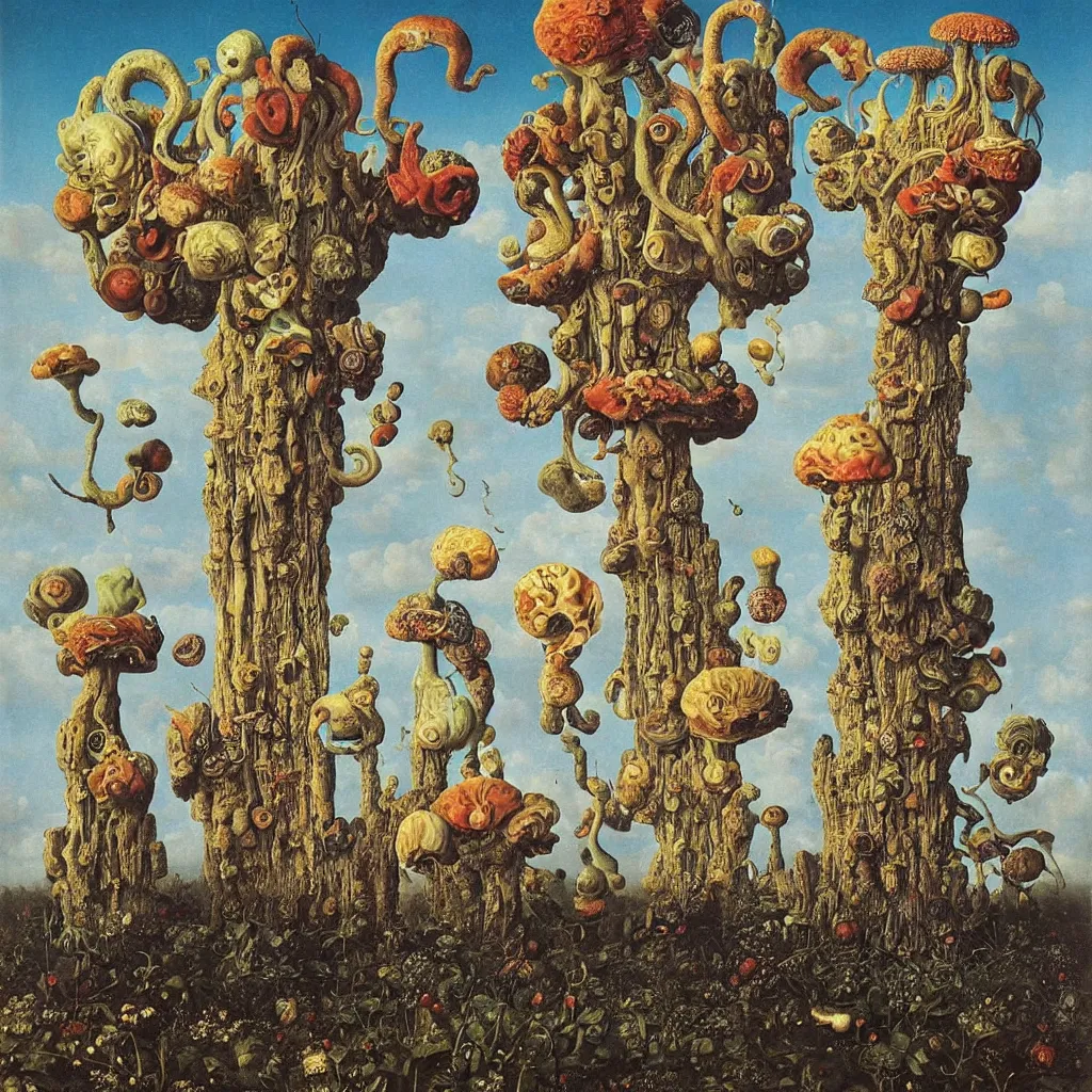 Image similar to a single colorful! ( lovecraftian ) fungus tower white! clear empty sky, a high contrast!! ultradetailed photorealistic painting by jan van eyck, audubon, rene magritte, agnes pelton, max ernst, walton ford, andreas achenbach, ernst haeckel, hard lighting, masterpiece