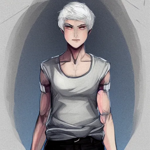 Image similar to portrait of a feminine young man with short white hair, bedhead, and blue eyes, wearing a gray t shirt, muscular arms, dramatic lighting, illustration by Rossdraws, professional portfolio, 4k, digital art, concept art, trending on artstation