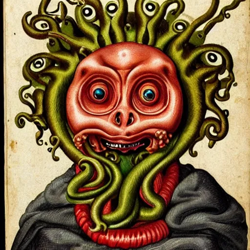 Prompt: beautiful detailed coloured renaissance shoulder portrait of ugly monster child with horrific facial features tentacle eyes, hairy mouth and fish like skin and head lumps and infestation