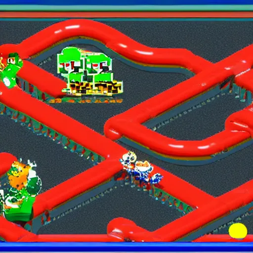 Image similar to super mario kart in the cyberpunk style; featuring the track Mario Circuit 3 with peach, bowser and yoshi driving karts on the shiny road