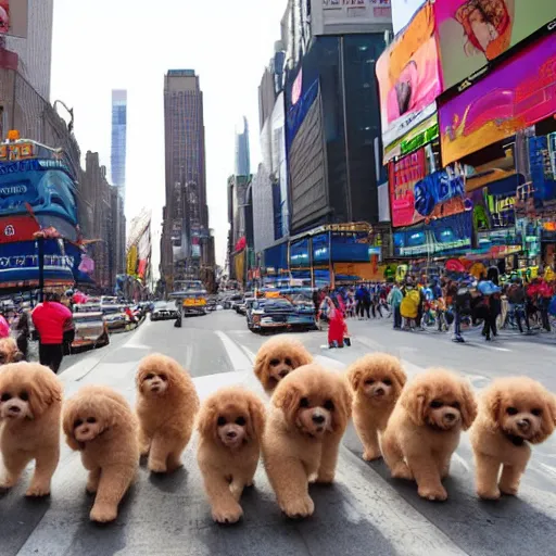 Image similar to a giant puppy parade through New York City Time's Square