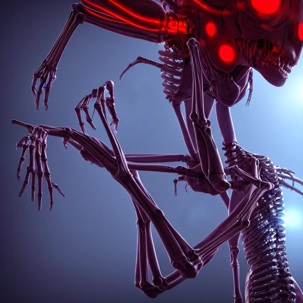 Prompt: insectoid alien live form using alien medical instruments to probe a humans head, electron microscope image, ultra realistic, intricate details, eerie, highly detailed, red glowing eyes, small blue electrical nerves inside the bones, misty background with a morning sun behind it shining through, octane render, 8 k