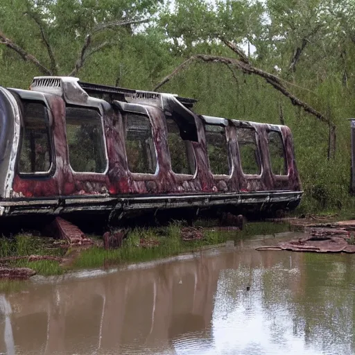 Prompt: post - apocalyptic magic kingdom, wasteland, submerged, monorail, abandoned, wet, swamp, walt disney world, highly detailed, intricate, 8 k