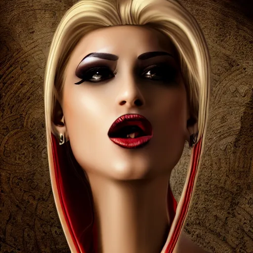 Prompt: Egyptian Vampire, goddess, detailed, high quality, 4k UHD, slim, curvy, blonde hair, realism, very coherent, high detail, hyper realism, hypnotic, hypno spiral, 8K high definition, fangs as teeth, eerie looking, creative,