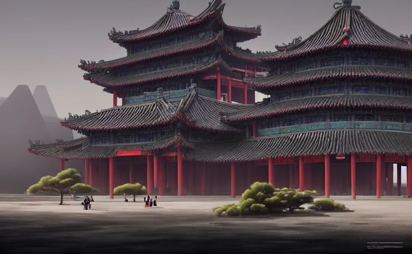 Image similar to exterior shot of utopian ancient chinese architecture with cinematic lighting by zaha hadid peter zumthor and renzo piano and frank gehry, darek zabrocki and greg ruthkowski, simon stalenhag, cinematic, holy place, paradise, scifi, futurism, atmospheric, concept art, artstation, trending on artstation