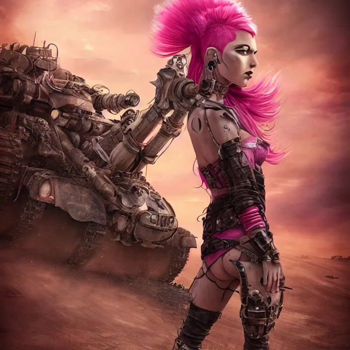 Image similar to beautiful apocalyptic woman with pink Mohawk, standing on mad max panzer tank, epic, smooth, sharp focus, 4k ultra hd, fantasy dark art, tank girl, artgerm, artstation, octane render, elegant, detailed digital painting