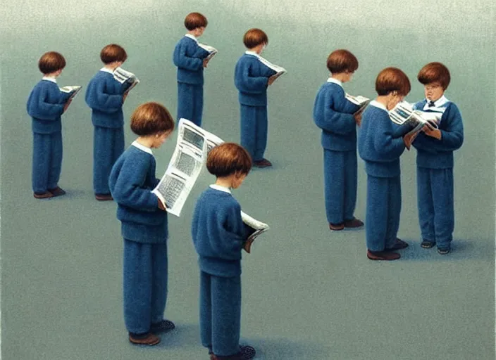 Image similar to a very boring day in school, kids faced away, all wearing identical clothes and reading newspapers, painting by quint buchholz and ray caesar, muted colors, gray, dull, boring, low energy, pale blue faces, very detailed, very coherent