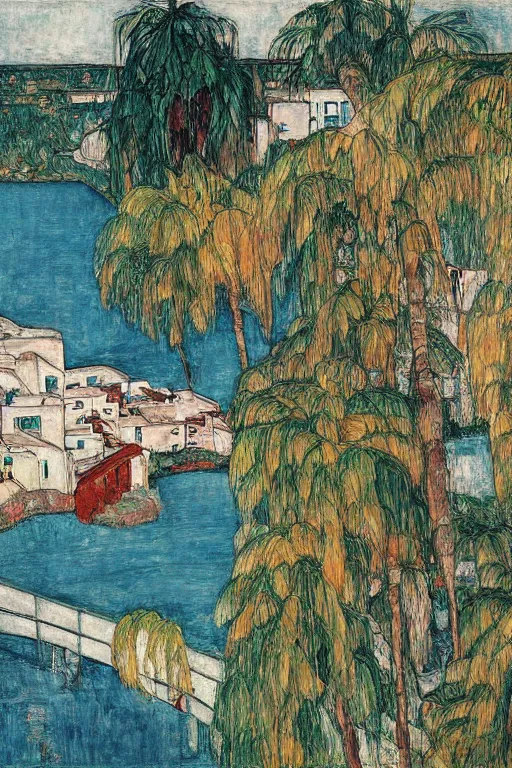 Prompt: a long river, tied bridge on local river, a lot of boat in river, 2 number house near a lot of palm trees and bougainvillea, summer, painting by egon schiele