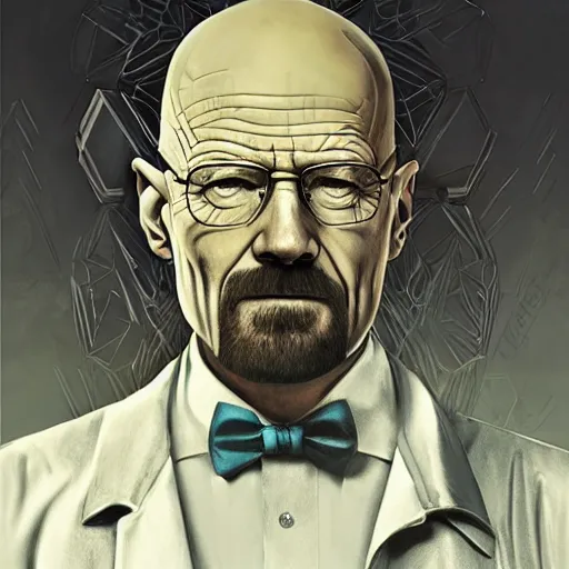 Prompt: Walter White as a cyborg, art deco design, by Mandy Jurgens and Warhol, Ernst Haeckel, James Jean, artstation, concept art